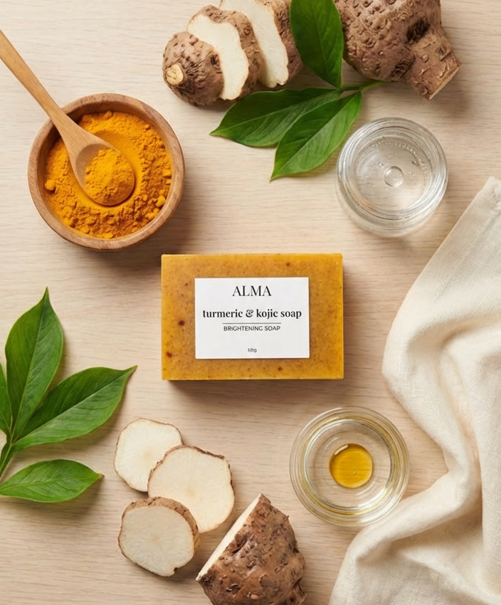 Savon Curcuma & Acide Kojique
Éclat – Pureté – Uniformité du Teint

Découvrez notre savon premium au curcuma et à l’acide kojique, formulé pour offrir un teint plus lumineux, uniforme et visiblement plus net. Idéal pour celles et ceux qui recherchent une solution naturelle et efficace contre les taches, l’hyperpigmentation ou le teint terne.

