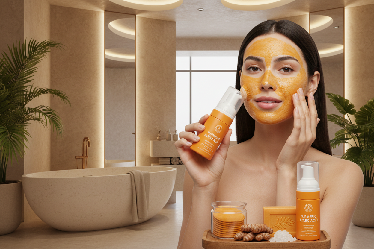 femme belle dans la salle de bain se nettoie l visage avec une mousse nettoyante avec brosse intégrer packaging orange, la mousse est a base de curcuma et acide kojique ajoute en decors dans sa salle de bain a coter du levier des pad en forme de disque coton orange nettoyant en mousse et un savon aussi orange rectangulaire, met en decors acide kojique et curcuma dans la salle de bain coconing