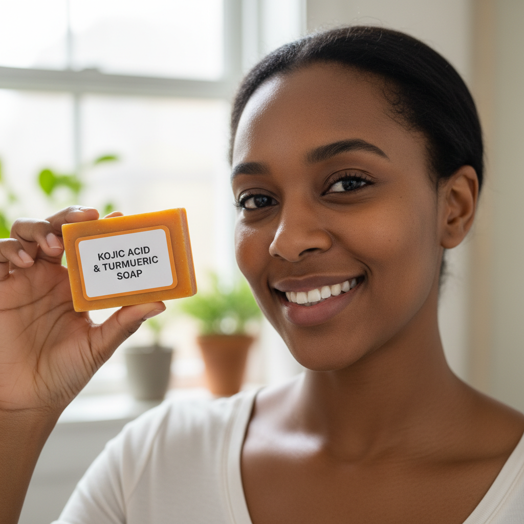 femme qui inspire qui retrouve confiane image temoignage tenant le savon a la main acide kojique et curucma a la main rectangulaire orange, disant ' je suis tellement satisfaite de mon achat savon au curucma, j'ai constaté que mes taches ont diminuer, j'ai retrouvé un tient glow, je ne m'en lasse plus