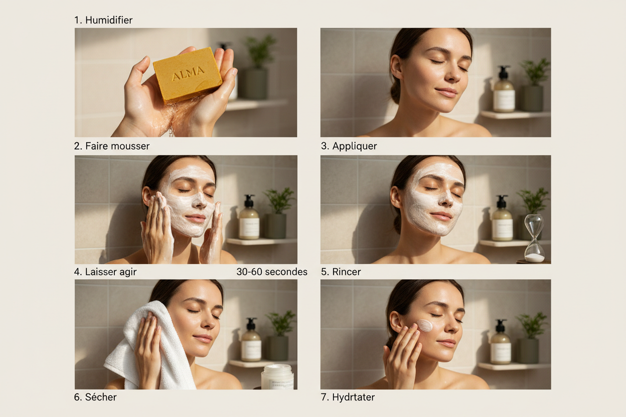 Humidifier : Mouille bien ton visage ou ton corps avec de l’eau tiède.
Faire mousser : Frotte le savon entre tes mains pour créer une mousse riche.
Appliquer : Masse doucement la mousse sur la peau en mouvements circulaires.
Laisser agir : Laisse poser 30 à 60 secondes.
Rincer : Rince abondamment à l’eau tiède.
Sécher : Tamponne la peau avec une serviette propre et douce.
Hydrater : Applique ta crème hydratante
ILLUSTRATION FEMME REEL EN FRANCAIS
SAVON CURCUMA RECTANGULAIRE ALMA 