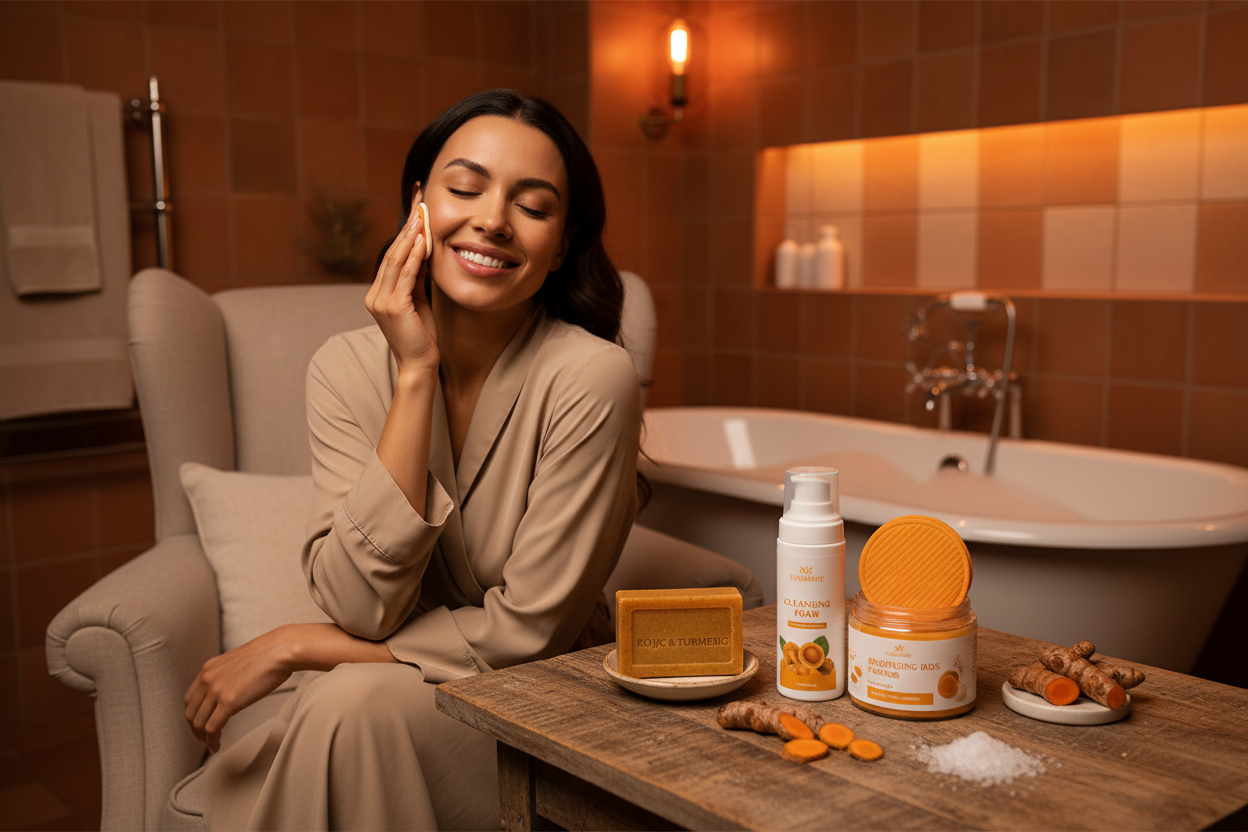 je veuc une femme belle et souriante dans sa salle de bain avec un set de produit complet, un savon rectangle orange a base d'acide kojique et curcuma + mousse nettoyante avec brosse intégres a base d'acide kojique et curcuma + pad en forme de disque coton orange a base acide kojique et curcuma, dans un decors de salle de bain cosy met en avant les ingredient sans la salle de bain