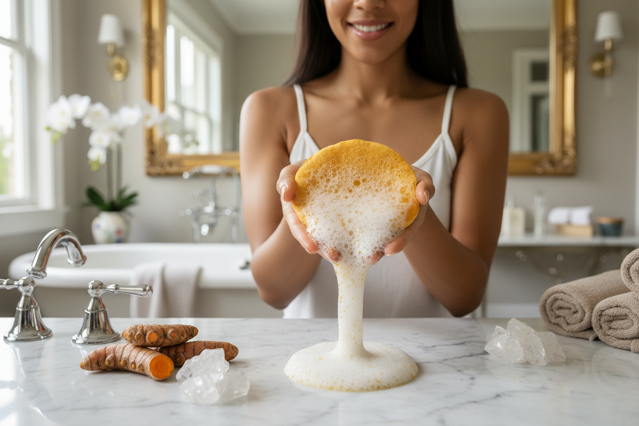 je veuc une fmme dans sa salle de bain ave un disque de coton un pad orange a base de curcuma et acide kojique nettoyant sans visage le pad bien mousseu une femme confiante souriante et belle met en decors les ingredient de se pad a base curcuma et acide kojique 