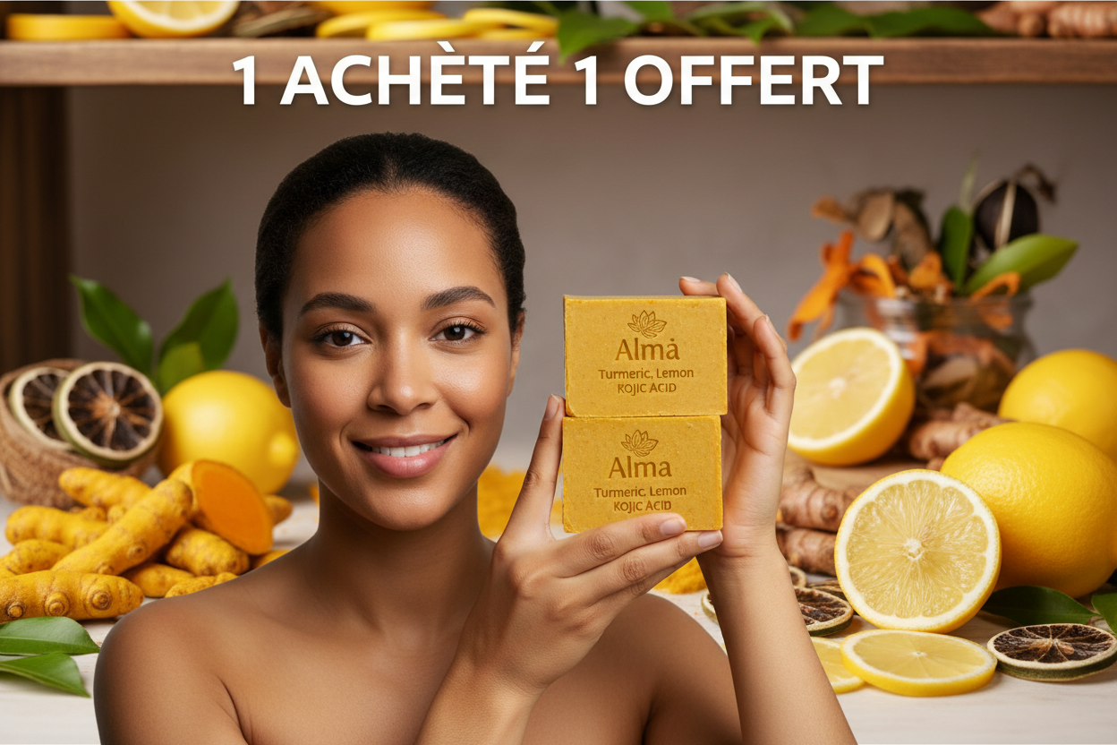 je veux une femme qui tiens 2 savons alma a base de curcuma, de citron, d'acide konjique, pour une offre 1 acheté 1 offert en francais dans un decort avec les ingredient du produit une femme reel souriante type metisse latina rebeu et jeveux que tu marque 1 acheté 1 offert le savon en forme rectangulaire